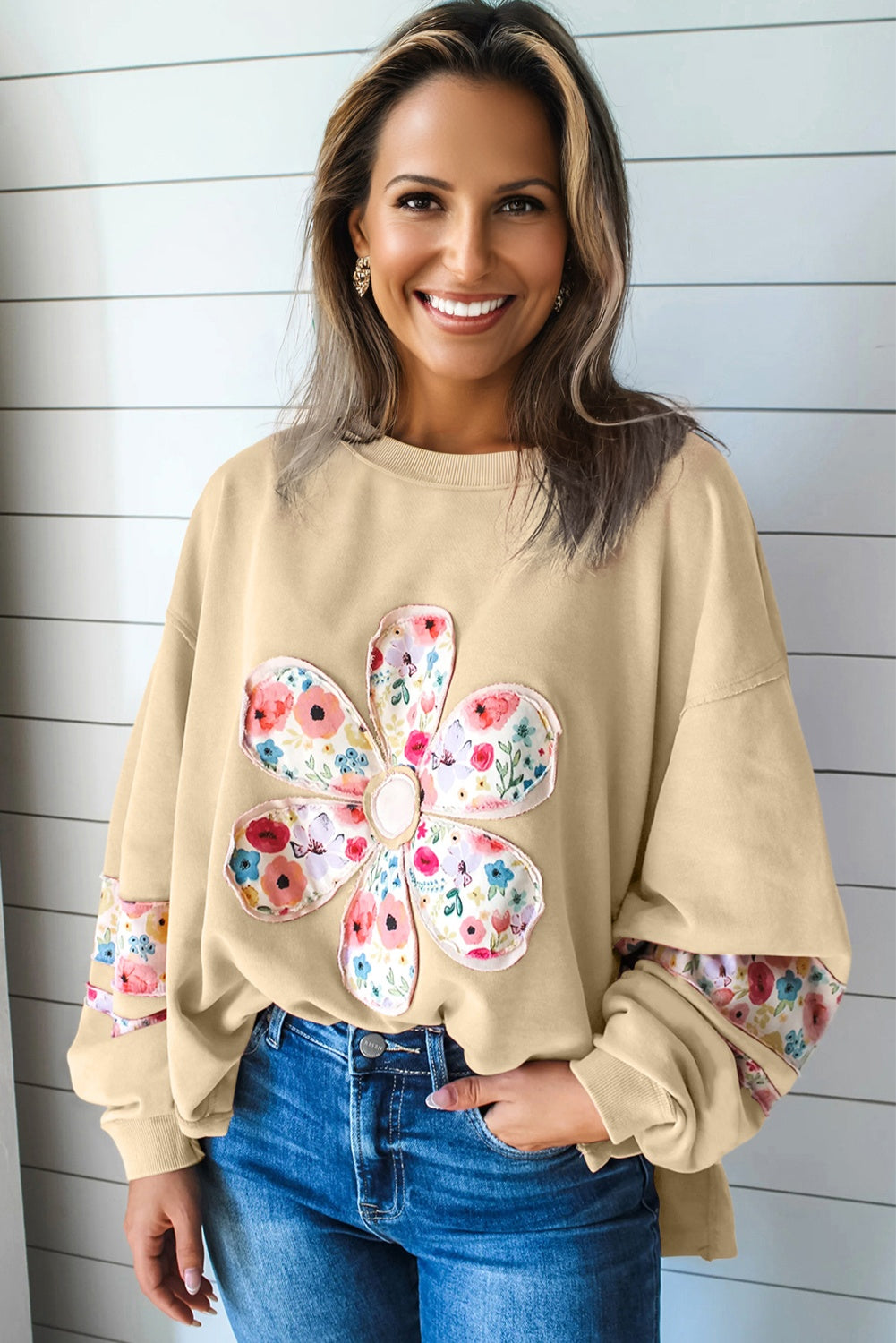Pale Khaki Floral Applique Baggy Pullover Sweatshirt-Tops/Sweatshirts & Hoodies-[Adult]-[Female]-2022 Online Blue Zone Planet