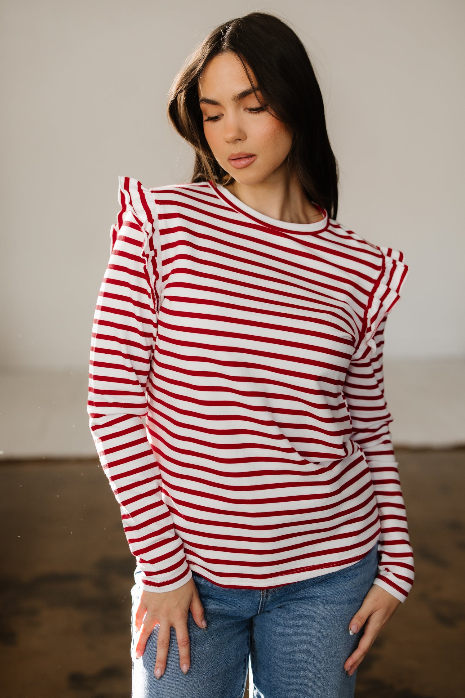 Red Stripe Round Neck Ruffle Trim Long Sleeve Top-Tops/Long Sleeve Tops-[Adult]-[Female]-2022 Online Blue Zone Planet