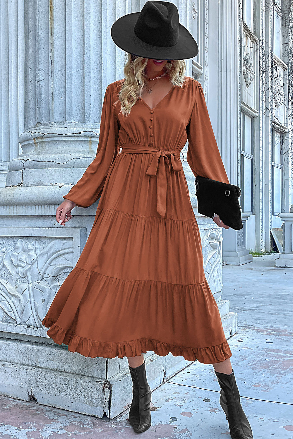 Cinnamon knot Lantern Sleeve Ruffled Hem Pleated Dress-Midi Dresses-[Adult]-[Female]-2022 Online Blue Zone Planet