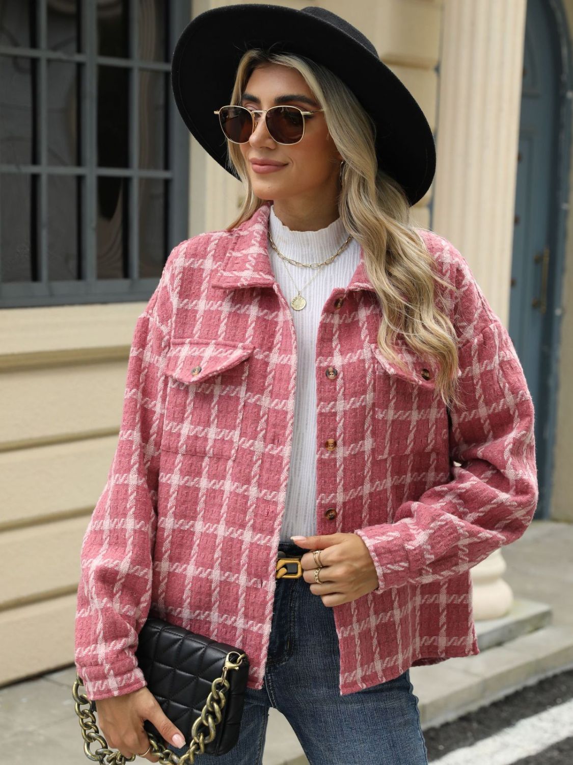 Plaid Collared Neck Long Sleeve Jacket-TOPS / DRESSES-[Adult]-[Female]-2022 Online Blue Zone Planet