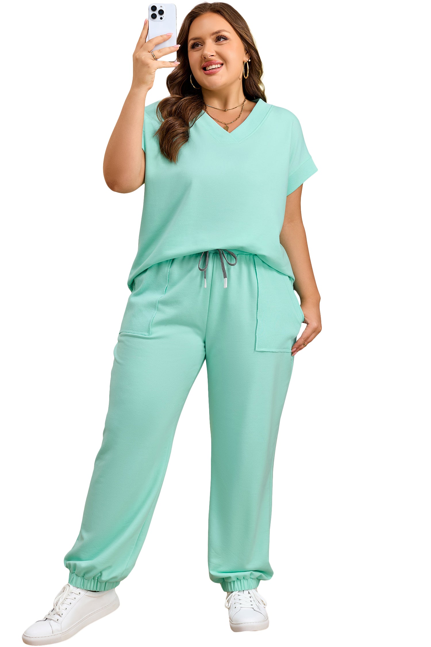 Bonbon Solid V-Neck Tee and Drawstring Plus Size Pants Set-Plus Size/Plus Size Loungewear-[Adult]-[Female]-2022 Online Blue Zone Planet