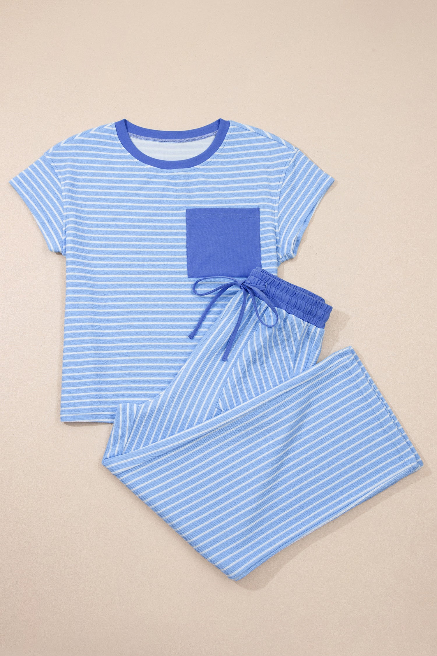 Sky Blue Stripe Crew Neck Tee Drawstring Waist Cropped Pants Set-Two Piece Sets/Pant Sets-[Adult]-[Female]-2022 Online Blue Zone Planet