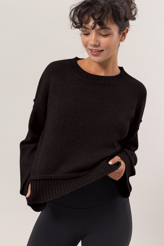 Blue Zone Planet | HYFVE Round Neck Dropped Shoulder Ribbed Sweater-TOPS / DRESSES-[Adult]-[Female]-Black-S-2022 Online Blue Zone Planet