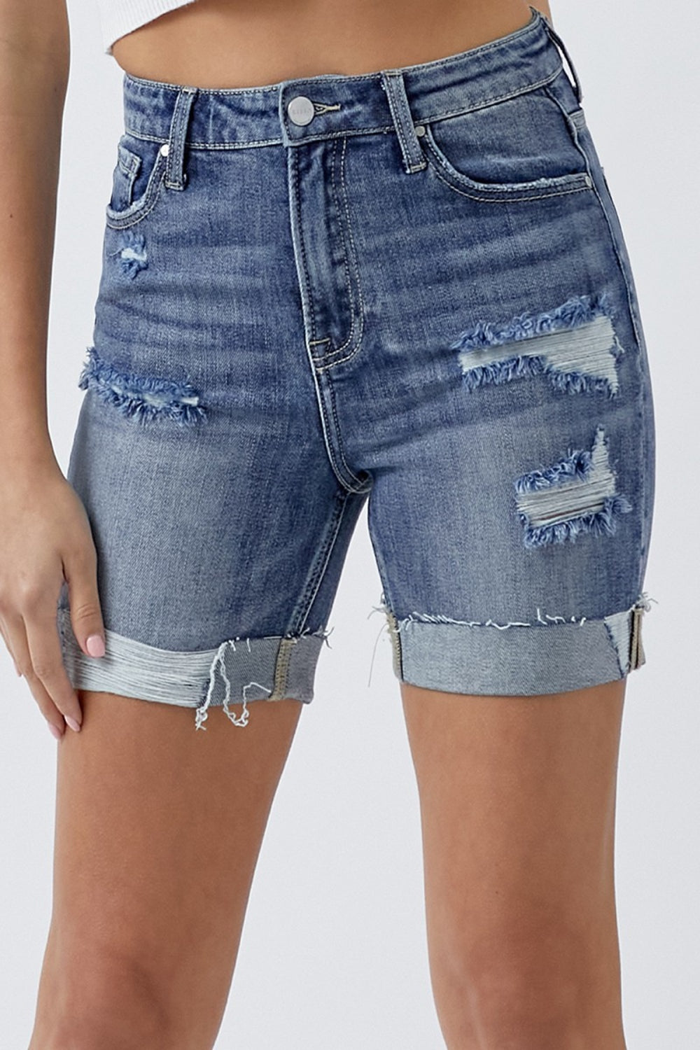 RISEN Full Size Distressed Rolled Denim Shorts with Pockets-BOTTOMS SIZES SMALL MEDIUM LARGE-[Adult]-[Female]-Medium-S-2022 Online Blue Zone Planet