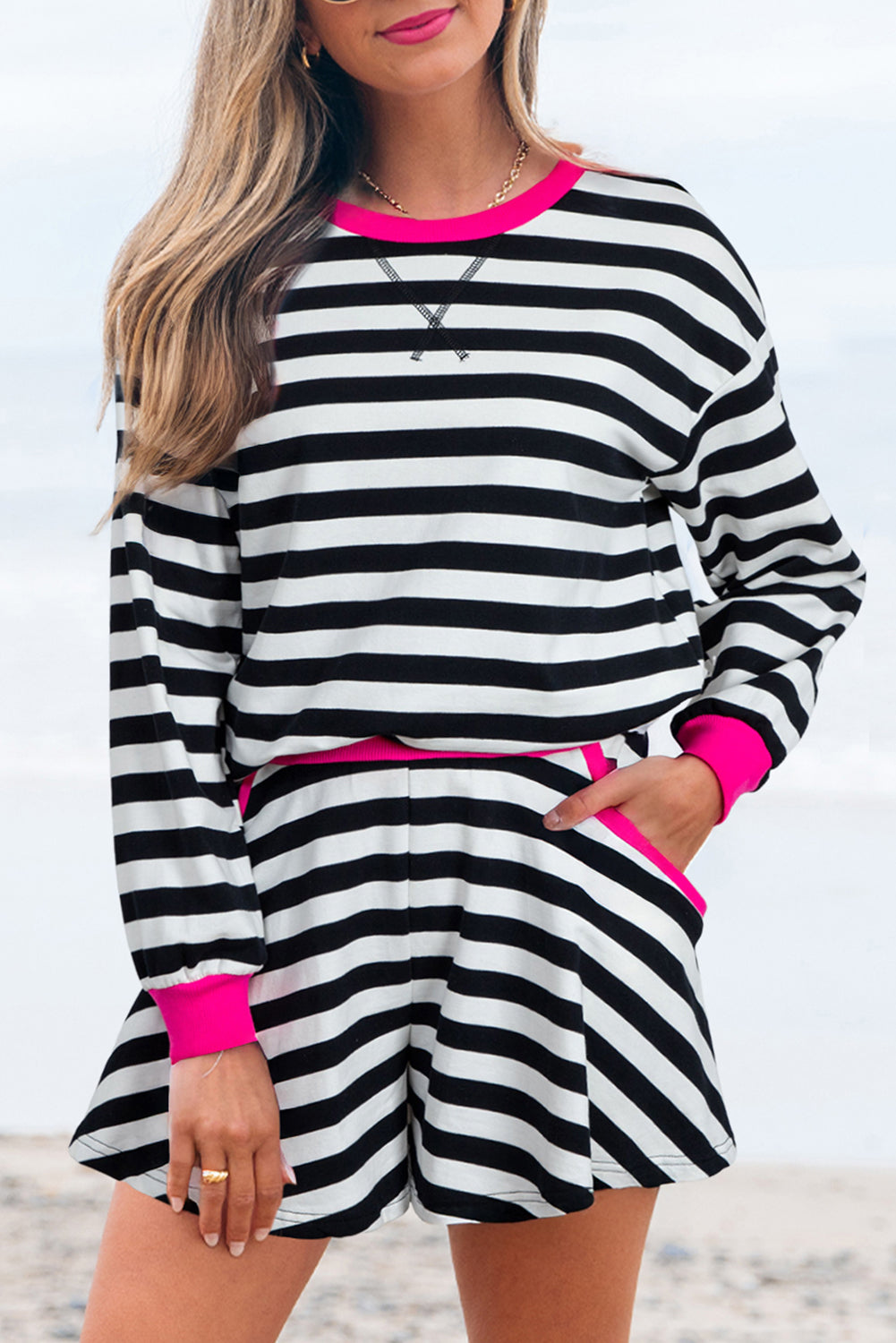 Black Stripe Contrast Ribbed Banding Long Sleeve Blouse Loose Shorts Set-Two Piece Sets/Short Sets-[Adult]-[Female]-2022 Online Blue Zone Planet
