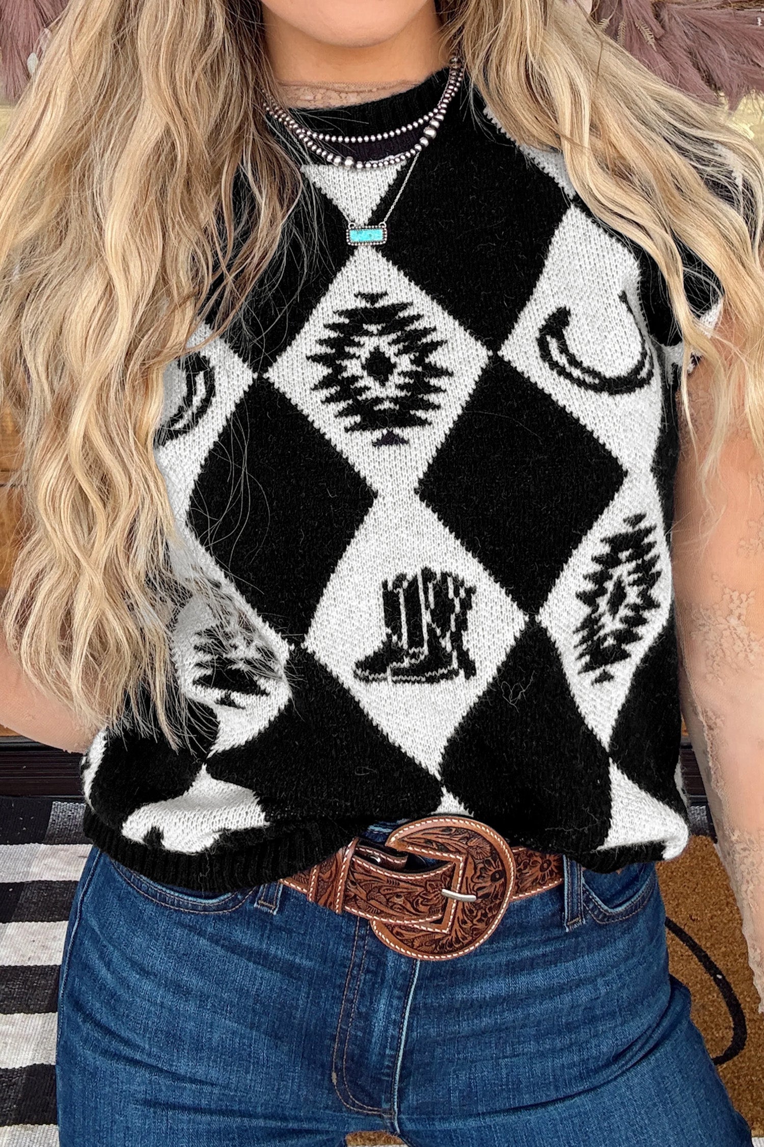 Black Retro Rhombus Western Print Drop Shoulder Short Sleeve Sweater-Sweaters & Cardigans/Short Sleeve Sweaters-[Adult]-[Female]-2022 Online Blue Zone Planet