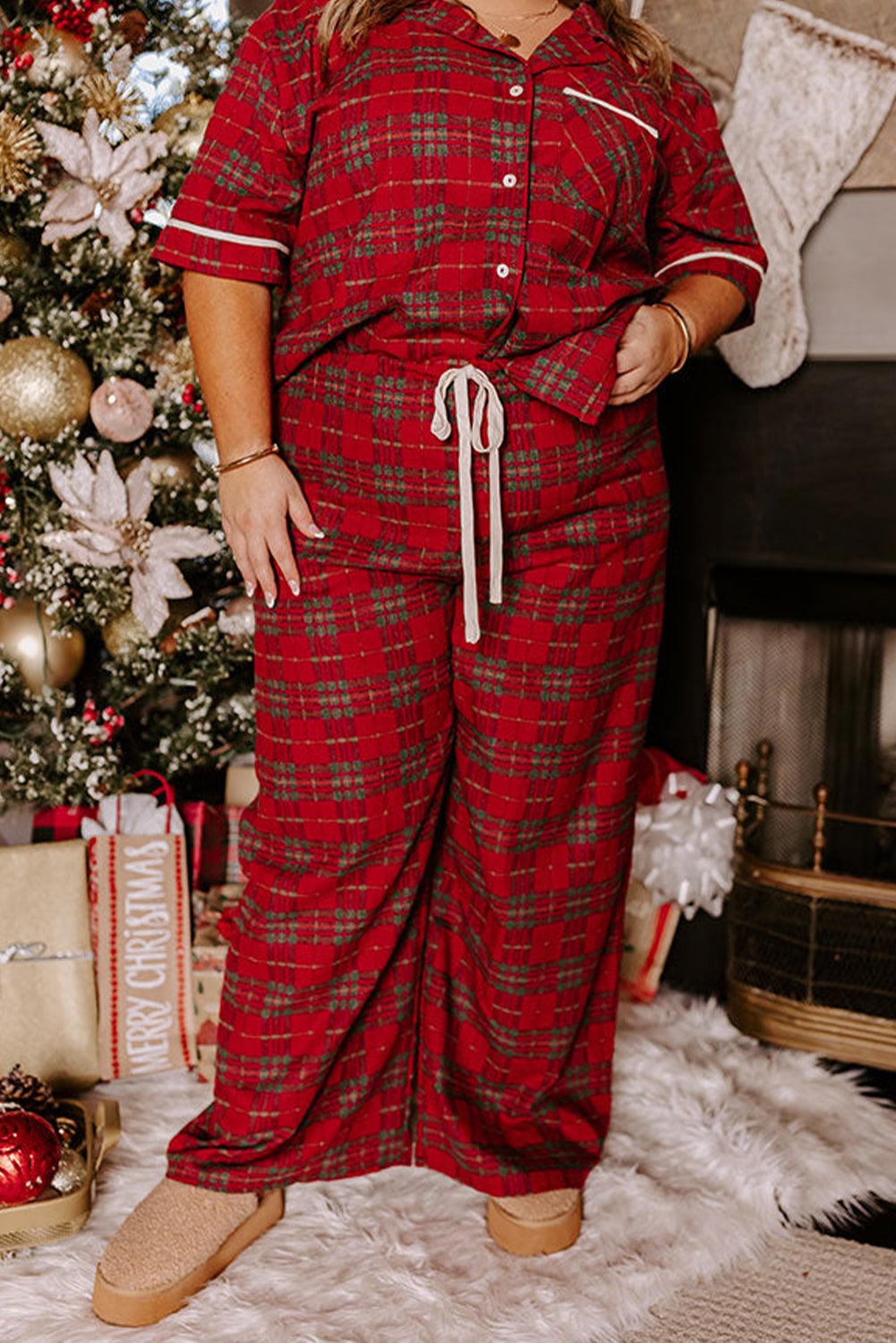 Red Plus Size Plaid Short Sleeve Shirt Loose Pants 2pcs Pajama Set-Plus Size/Plus Size Loungewear-[Adult]-[Female]-2022 Online Blue Zone Planet