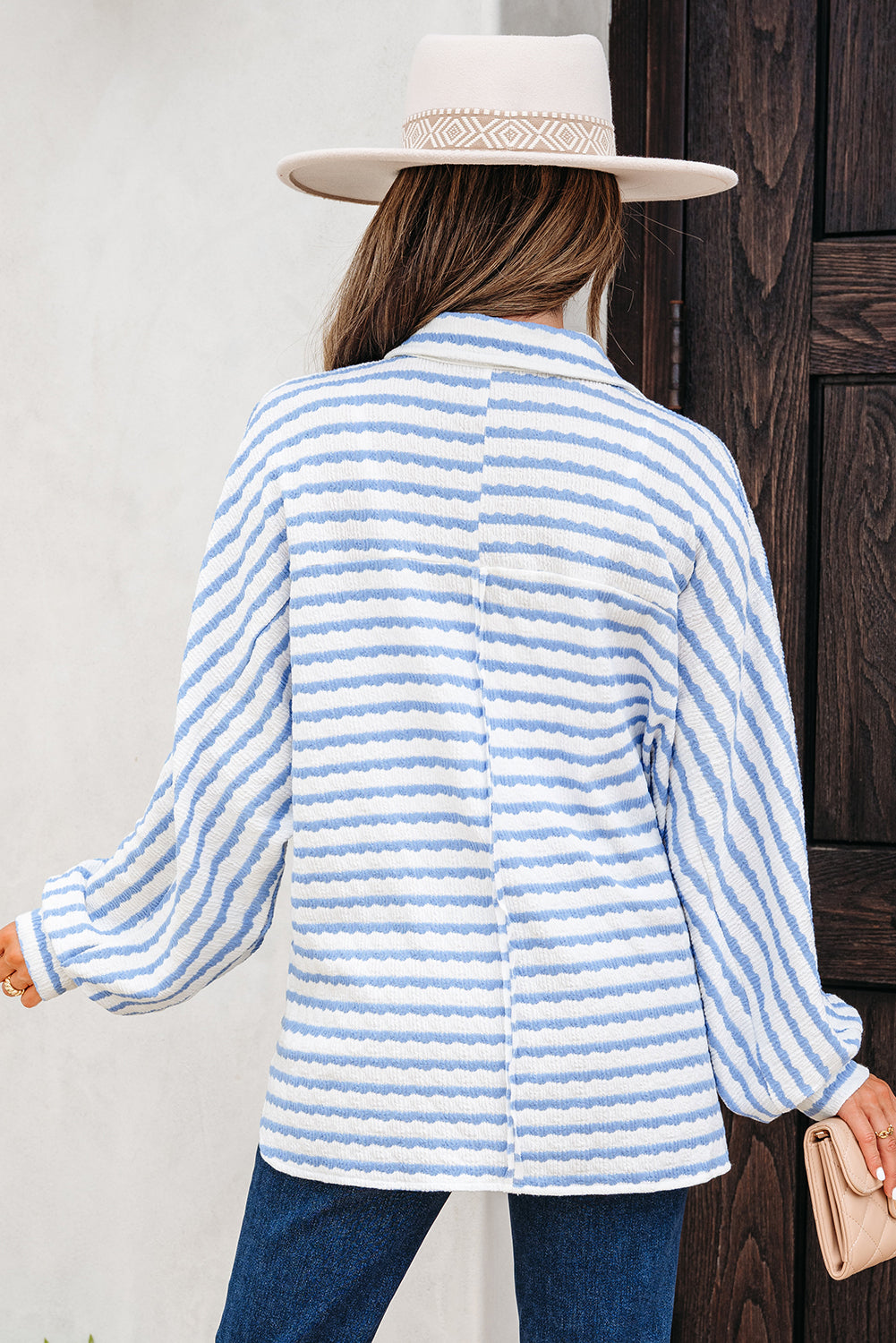 Sky Blue Stripe Half Button Collared Chest Pockets Loose Fit Blouse-Tops/Blouses & Shirts-[Adult]-[Female]-2022 Online Blue Zone Planet