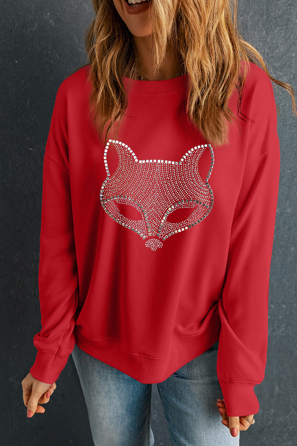 Red Rhinestone Fox Drop Shoulder Pullover Sweatshirt-Graphic/Graphic Sweatshirts-[Adult]-[Female]-2022 Online Blue Zone Planet