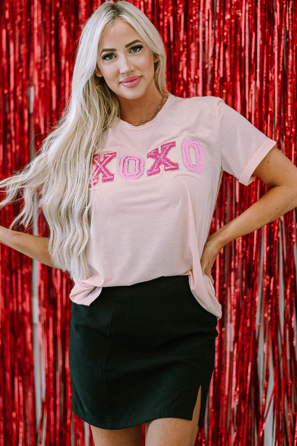 Pink Valentines Shiny XOXO Graphic T-shirt-Graphic/Graphic Tees-[Adult]-[Female]-2022 Online Blue Zone Planet