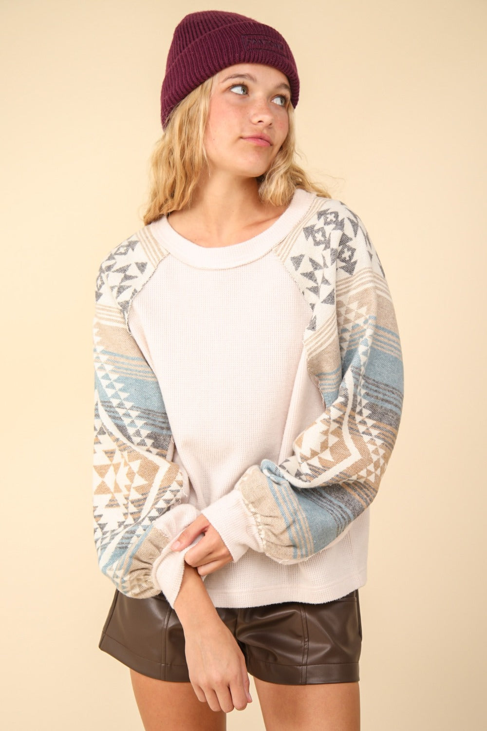 VERY J Printed Long Sleeve Round Neck Knit Top-[Adult]-[Female]-2022 Online Blue Zone Planet