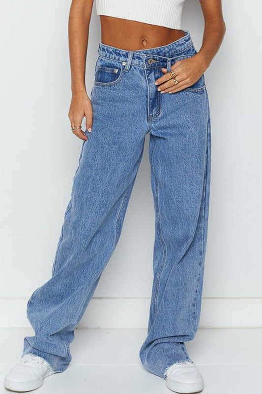 Blue Mid Rise Asymmetrical Waist Wide Leg Jeans-Bottoms/Jeans-[Adult]-[Female]-Blue-4-2022 Online Blue Zone Planet