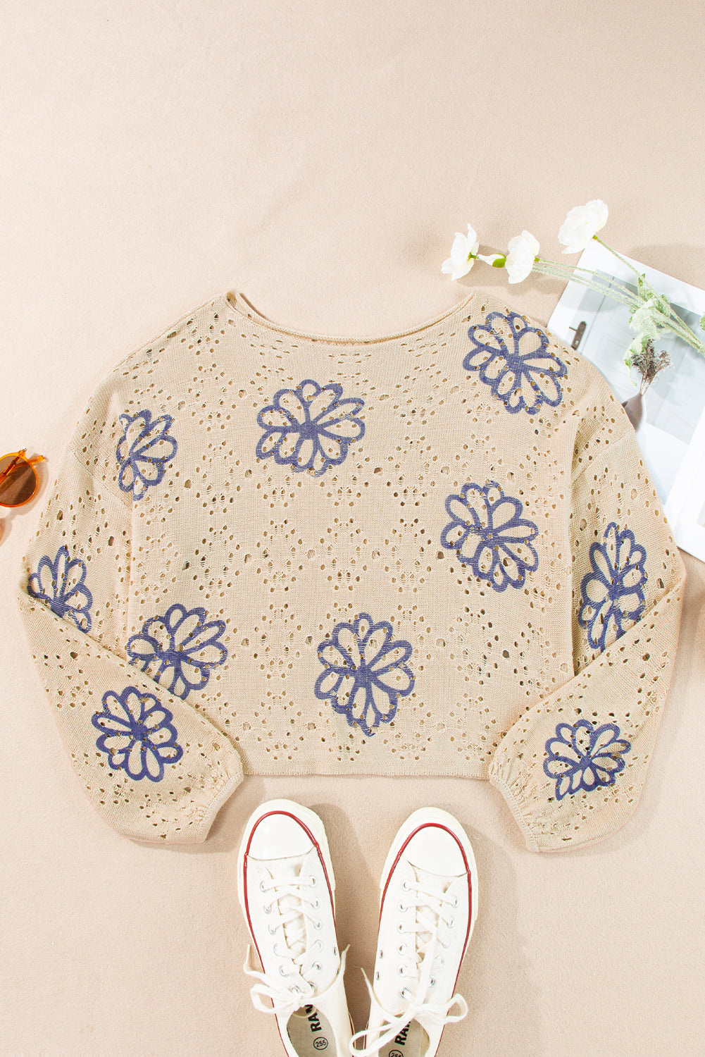 Beige Contrast Flower Print Eyelet Drop Shoulder Sweater-Sweaters & Cardigans/Sweaters-[Adult]-[Female]-2022 Online Blue Zone Planet