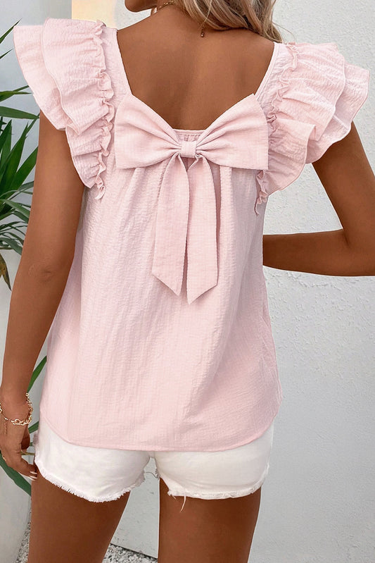 Gossamer Pink Textured Bow Knot Frilled Butterfly Sleeve Blouse-Tops/Blouses & Shirts-[Adult]-[Female]-Gossamer Pink-S-2022 Online Blue Zone Planet