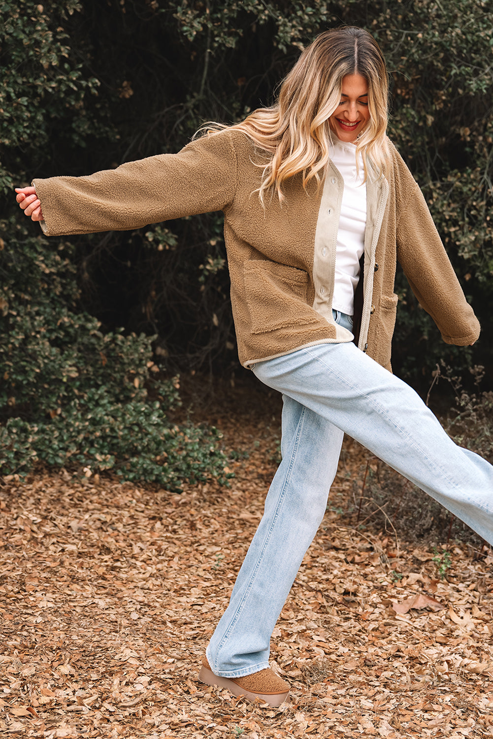 Light French Beige Puffy Plush Corduroy Edge Patchwork Jacket with Big Pockets-Outerwear/Jackets-[Adult]-[Female]-2022 Online Blue Zone Planet