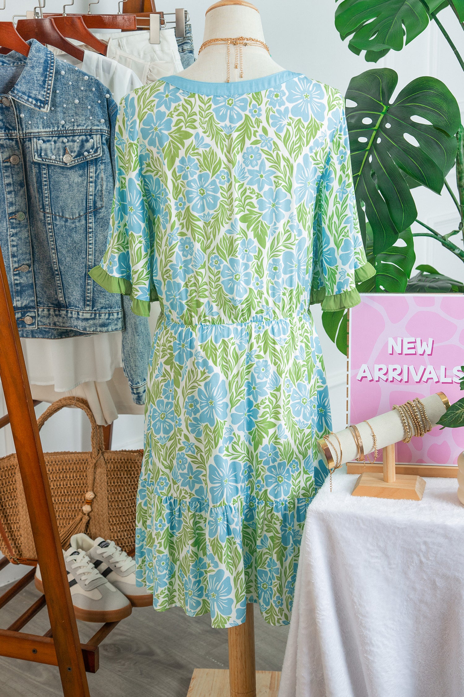 Sky Blue Floral Print High Waist Ruffle Short Sleeve Mini Dress-TOPS / DRESSES-[Adult]-[Female]-2022 Online Blue Zone Planet
