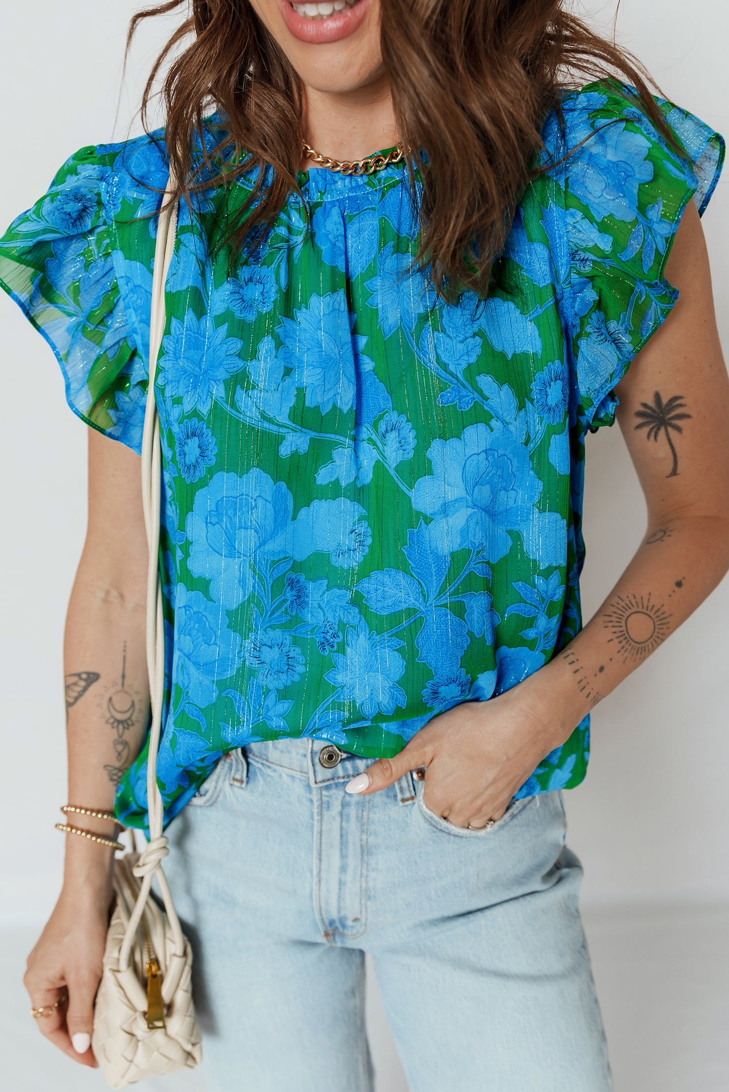 Green Floral Print Ruffled Sleeve Summer Blouse-Tops/Blouses & Shirts-[Adult]-[Female]-2022 Online Blue Zone Planet