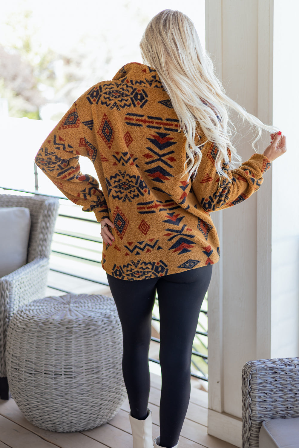 Khaki Western Aztec Pattern Fleece Shacket-TOPS / DRESSES-[Adult]-[Female]-2022 Online Blue Zone Planet