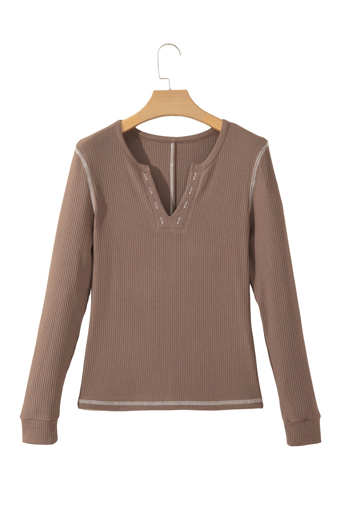 Dark Khaki V Neck Ribbed Stitched Detail Long Sleeve Top-Tops/Long Sleeve Tops-[Adult]-[Female]-2022 Online Blue Zone Planet
