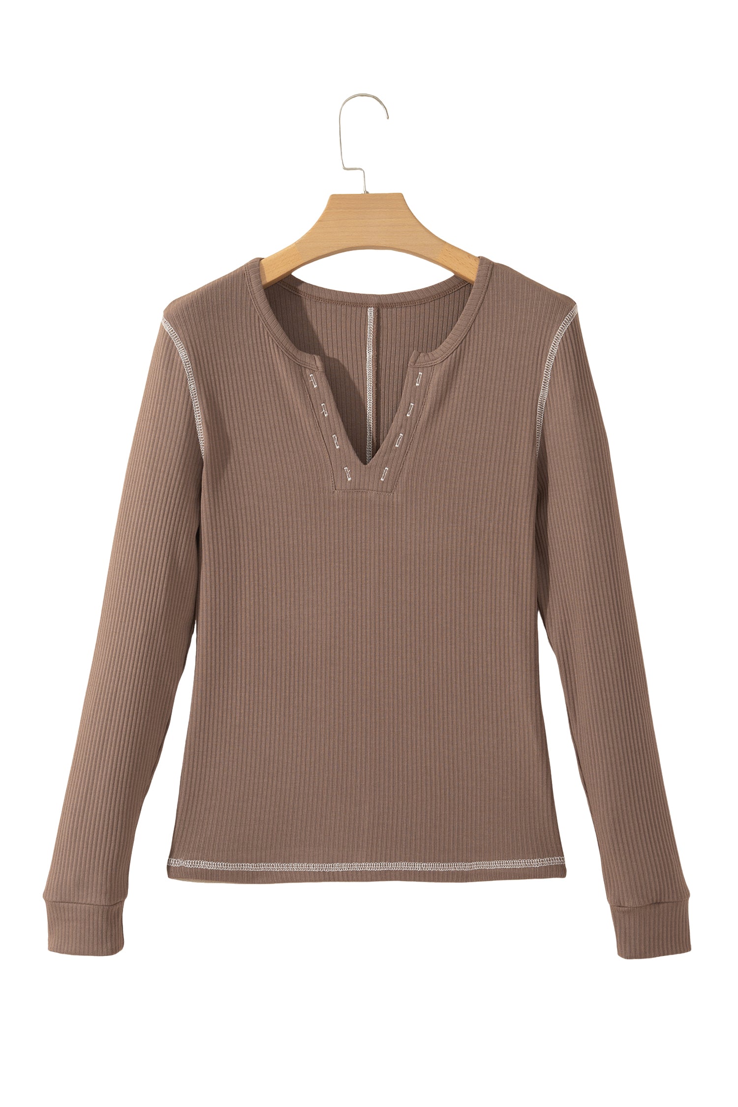 Dark Khaki V Neck Ribbed Stitched Detail Long Sleeve Top-Tops/Long Sleeve Tops-[Adult]-[Female]-2022 Online Blue Zone Planet