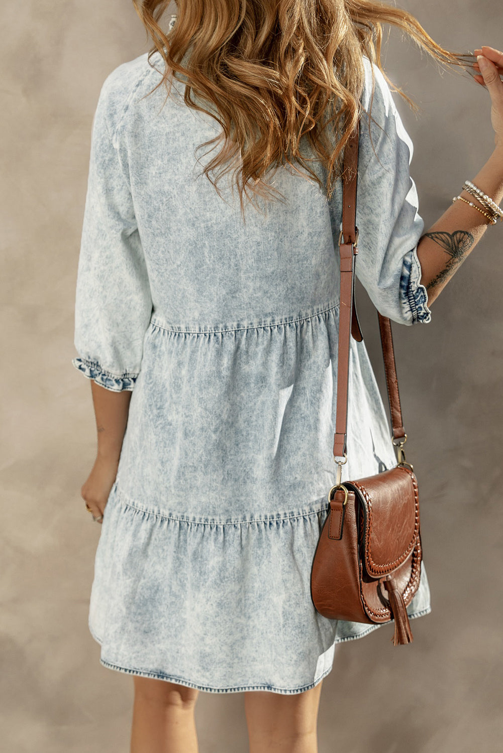 Blue Zone Planet |  Dusk Blue Acid Wash Retro Half Sleeve Flared Denim Dress Blue Zone Planet