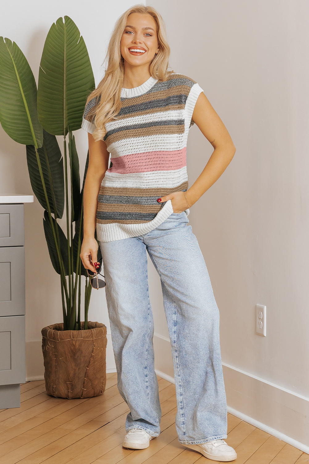 Blue Zone Planet | Pink Stripe Color Block Eyelet Knit Short Sleeve Sweater Tee-Sweaters & Cardigans/Short Sleeve Sweaters-[Adult]-[Female]-2022 Online Blue Zone Planet