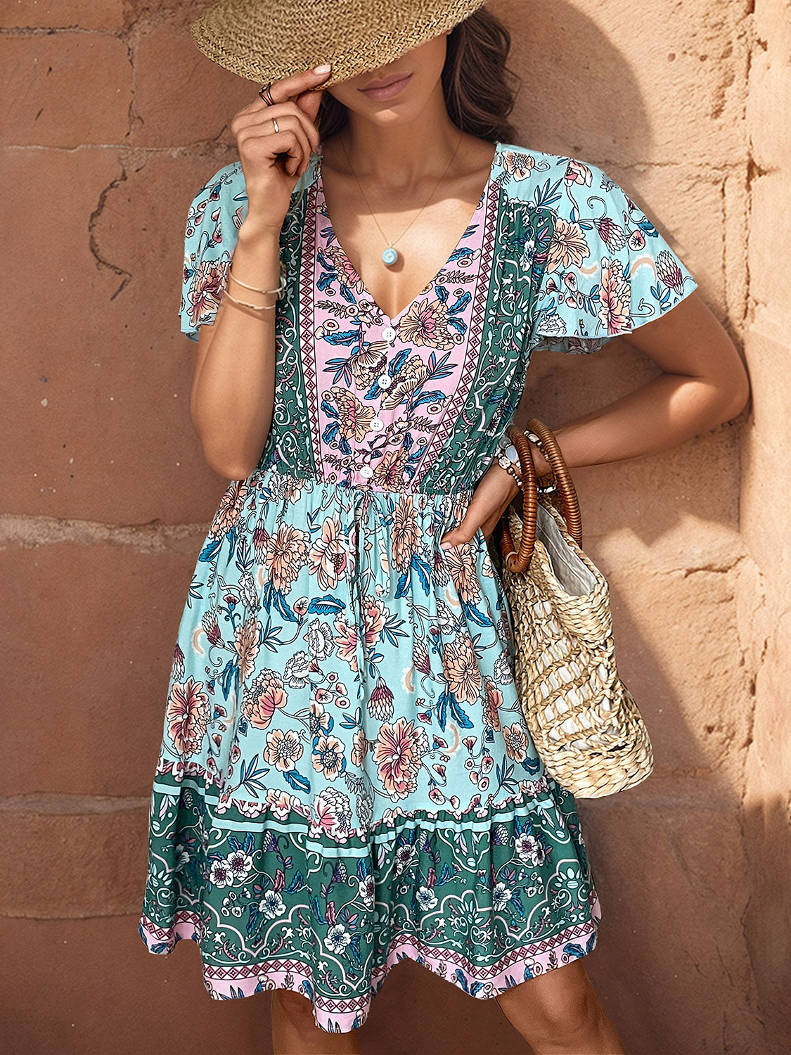 Printed V-Neck Flutter Sleeve Dress-TOPS / DRESSES-[Adult]-[Female]-2022 Online Blue Zone Planet