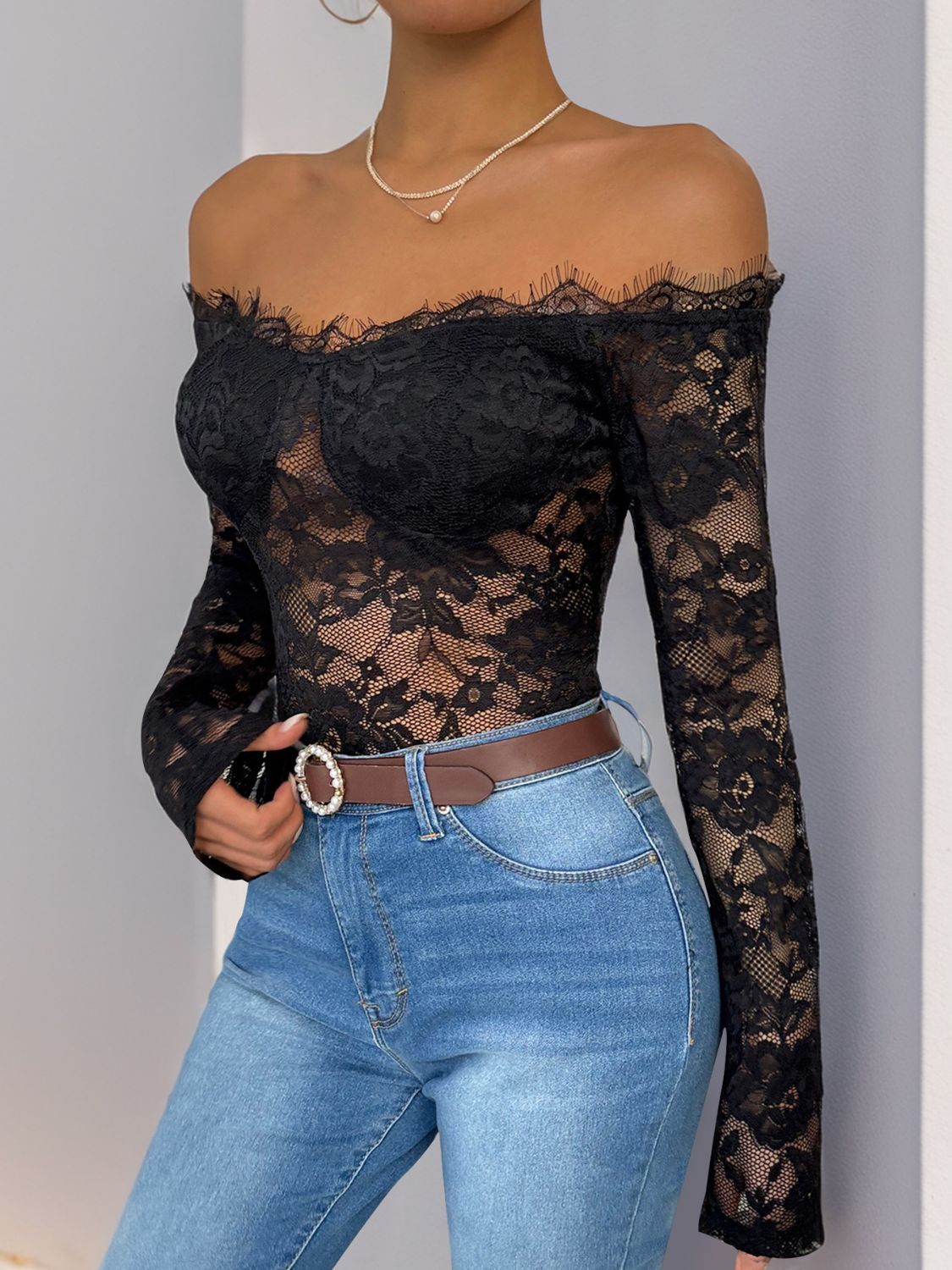 Perfee Lace Off-Shoulder Long Sleeve Bodysuit-TOPS / DRESSES-[Adult]-[Female]-2022 Online Blue Zone Planet