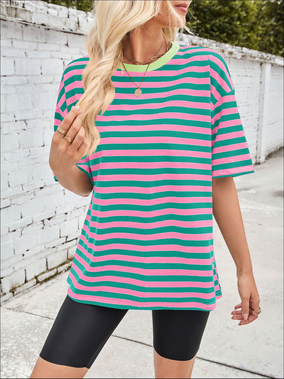 Lovelet Striped Round Neck Half Sleeve T-Shirt-TOPS / DRESSES-[Adult]-[Female]-Dusty Pink-S-2022 Online Blue Zone Planet