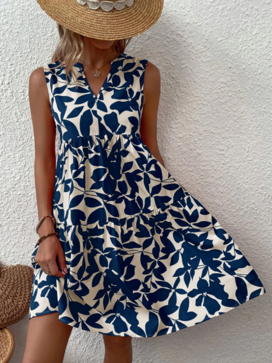 Printed Notched Sleeveless Mini Dress-TOPS / DRESSES-[Adult]-[Female]-2022 Online Blue Zone Planet