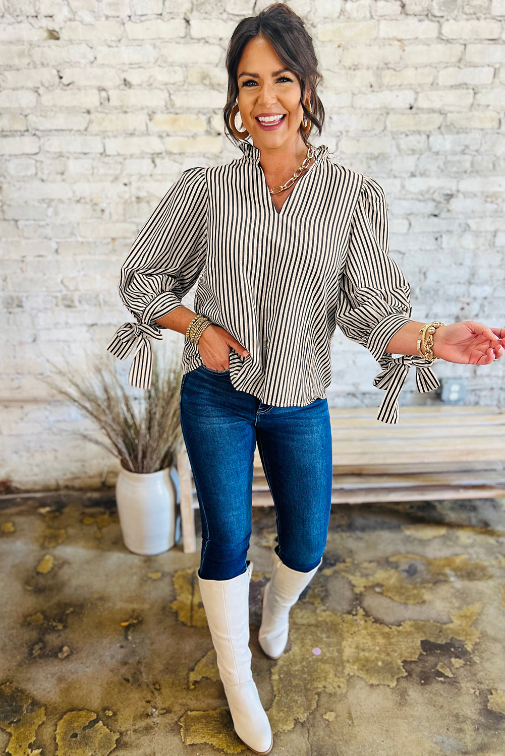 Black Stripe Knotted Cuff Long Sleeve V Neck Blouse-Tops/Blouses & Shirts-[Adult]-[Female]-2022 Online Blue Zone Planet