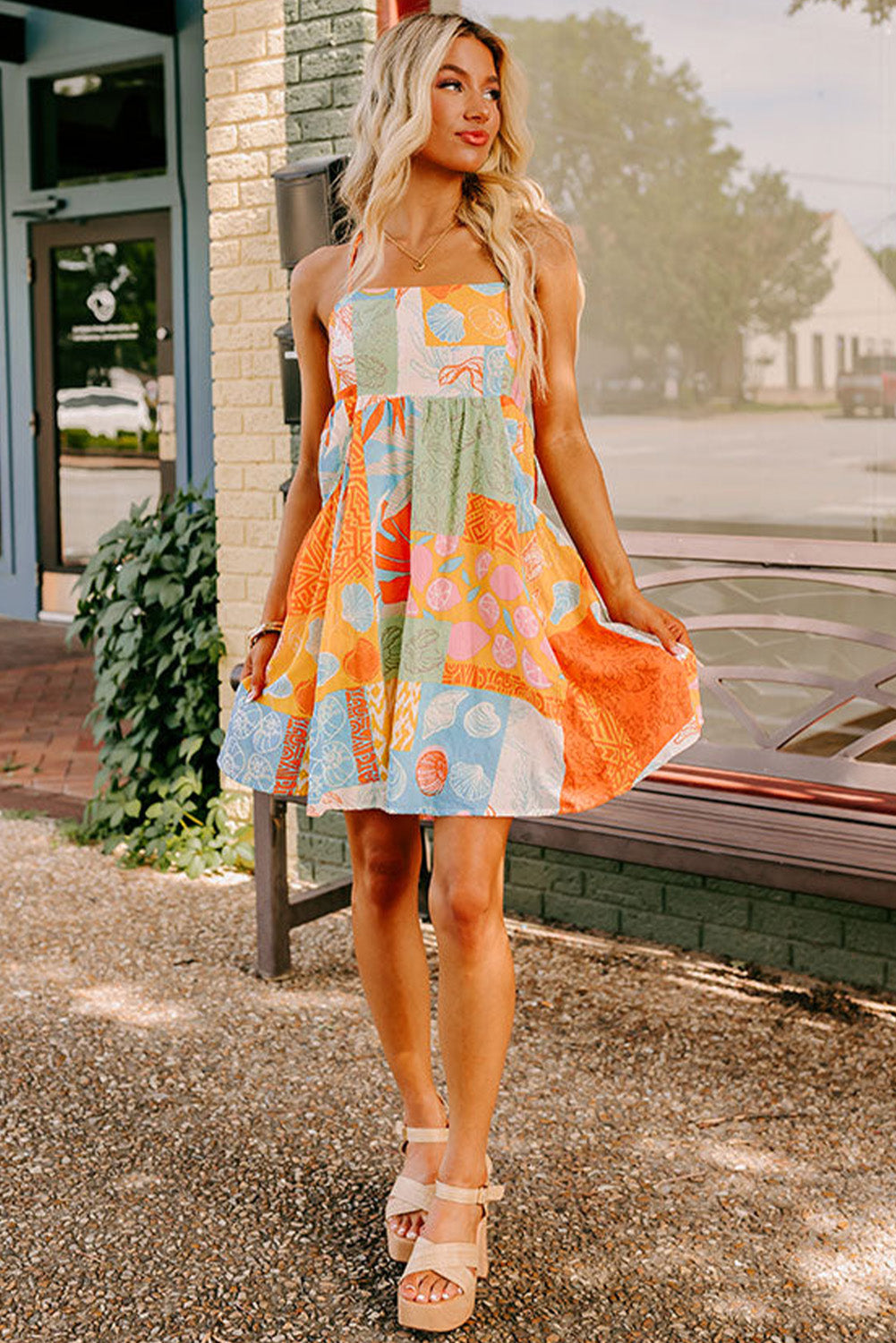 Orange Shell Print Patchwork Backless Flowy Dress-Short Dresses-[Adult]-[Female]-2022 Online Blue Zone Planet