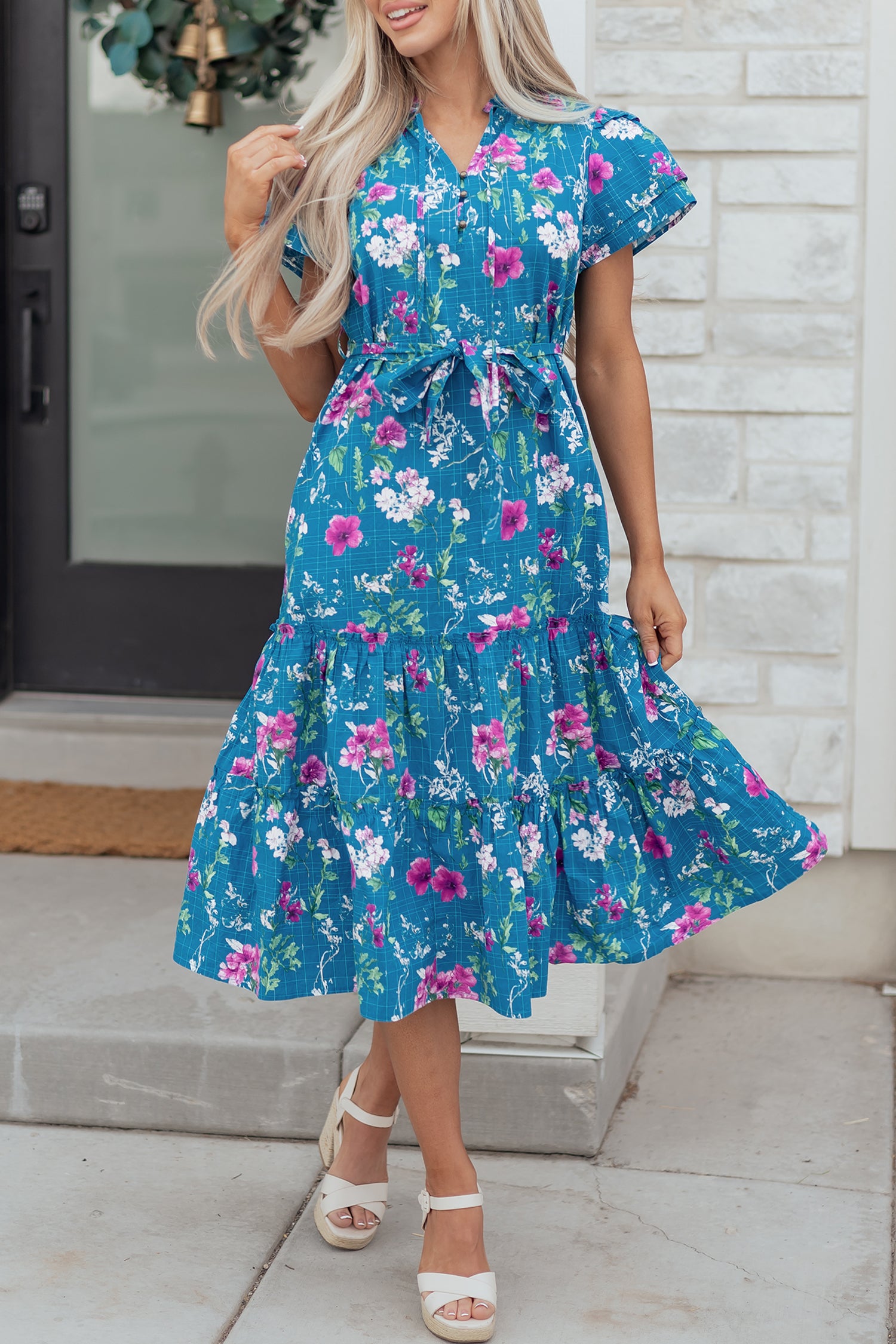 Blue Floral Flutter Sleeve Button Tie Split Neck Belted Long Dress-TOPS / DRESSES-[Adult]-[Female]-2022 Online Blue Zone Planet