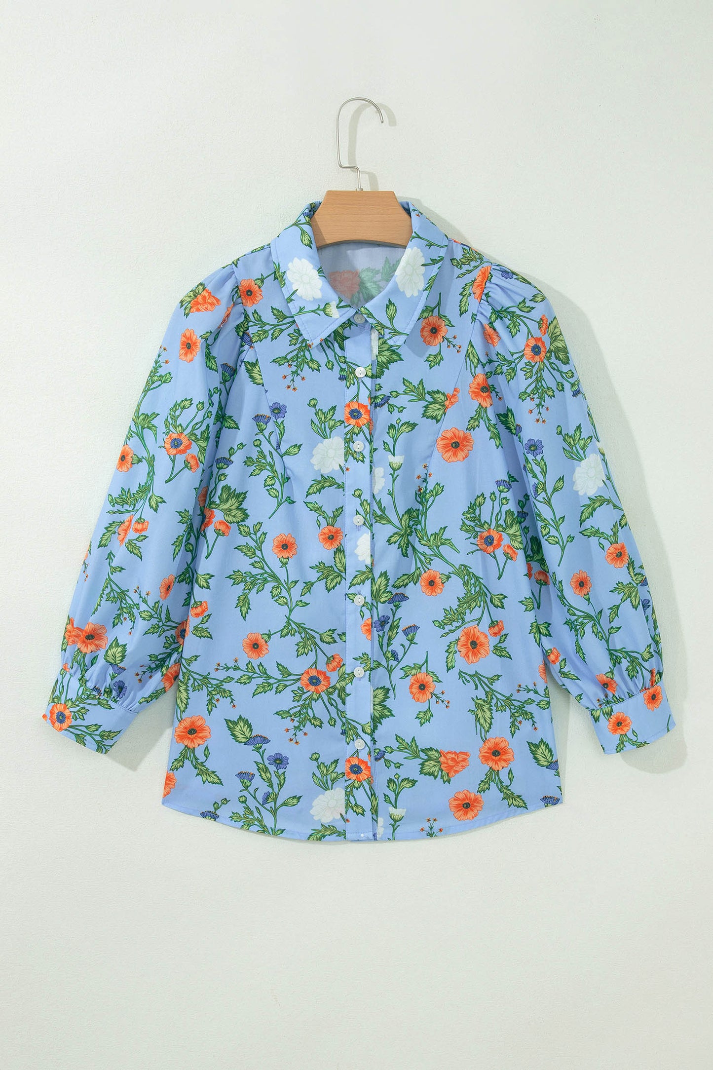 Sky Blue Floral Print Bracelet Sleeve Button Down Casual Shirt-Bracelet-[Adult]-[Female]-2022 Online Blue Zone Planet