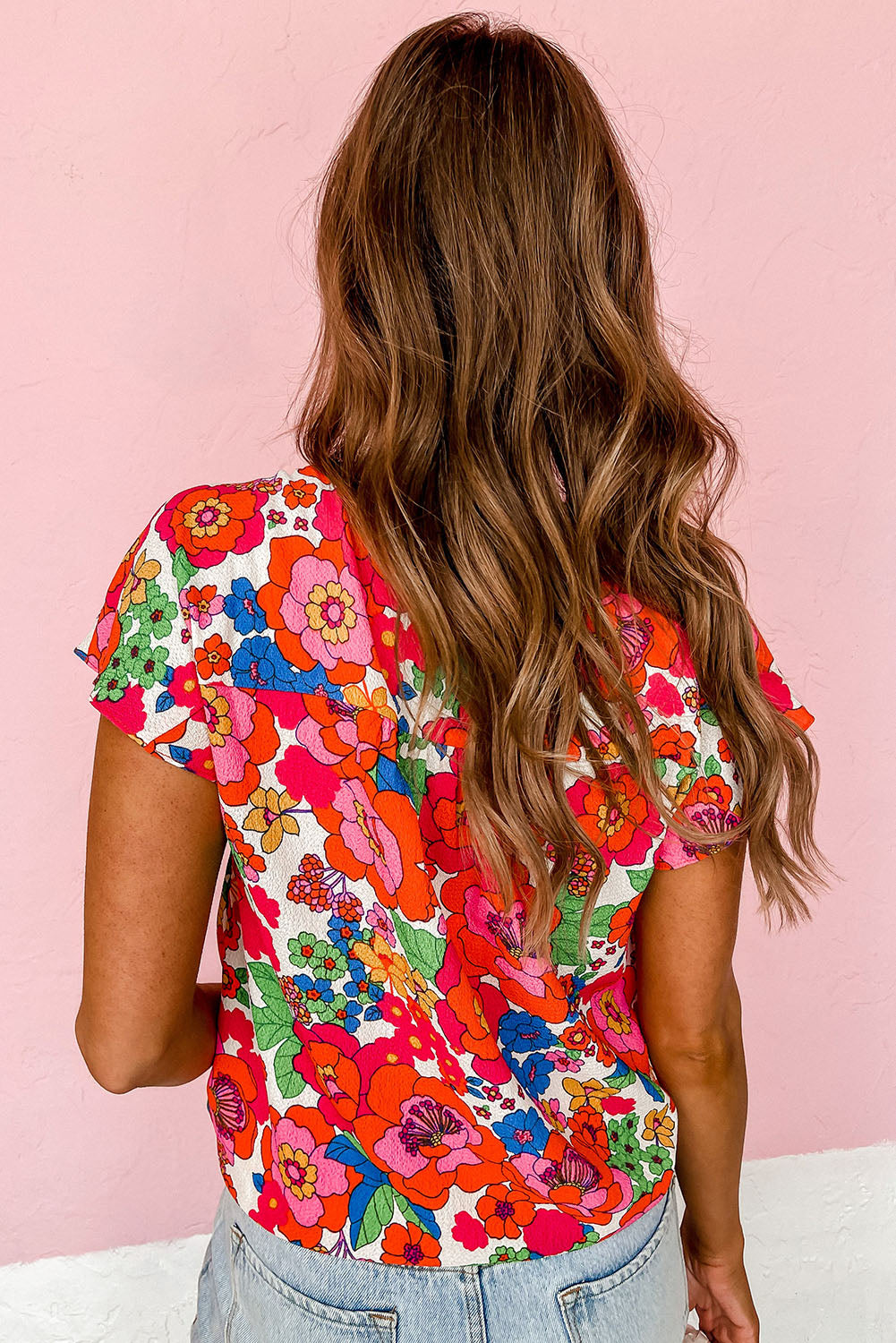 Fiery Red Floral Split Neck Top-Tops/Blouses & Shirts-[Adult]-[Female]-2022 Online Blue Zone Planet