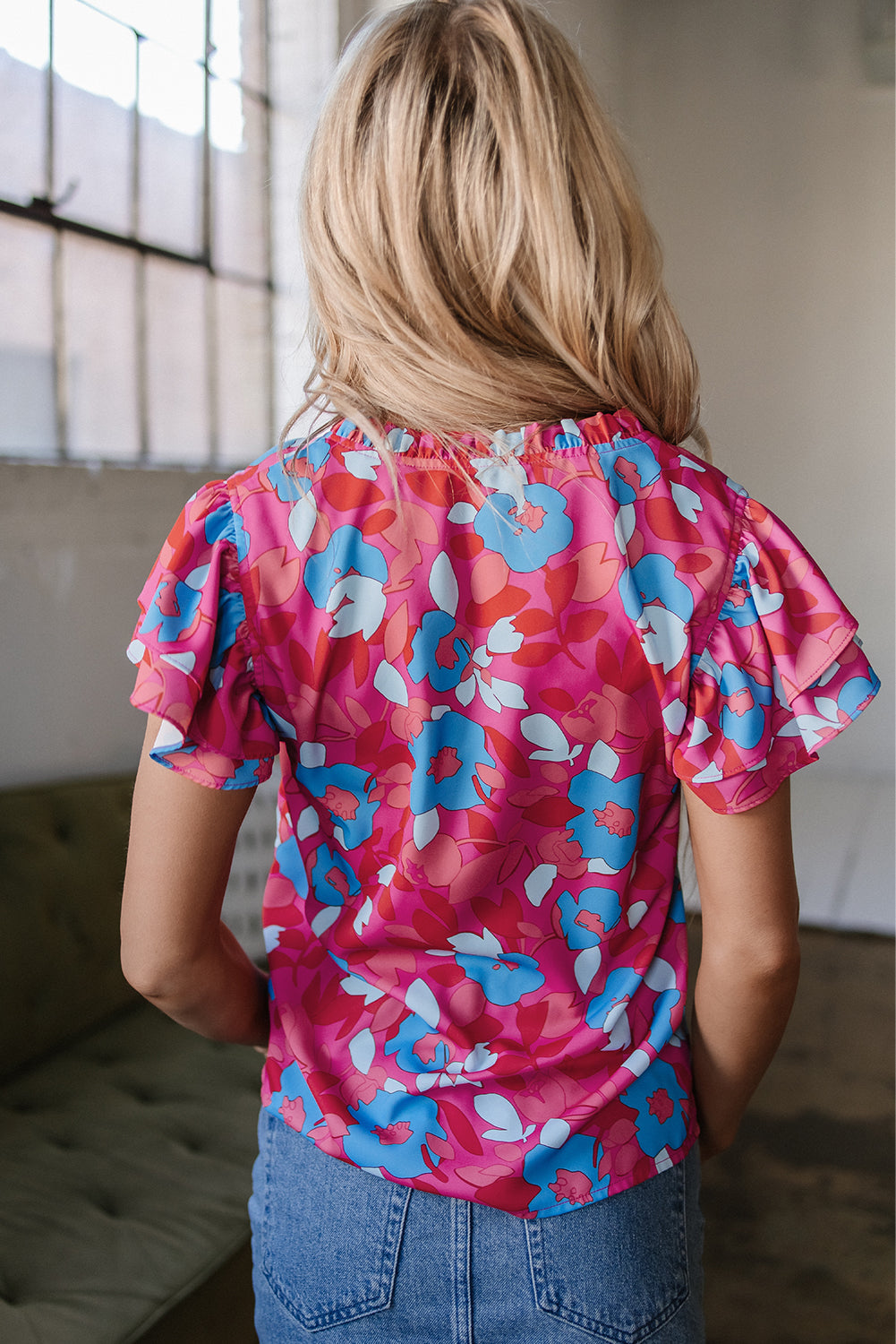 Rose Red Ruffled Sleeve Floral Blouse-Tops/Blouses & Shirts-[Adult]-[Female]-2022 Online Blue Zone Planet