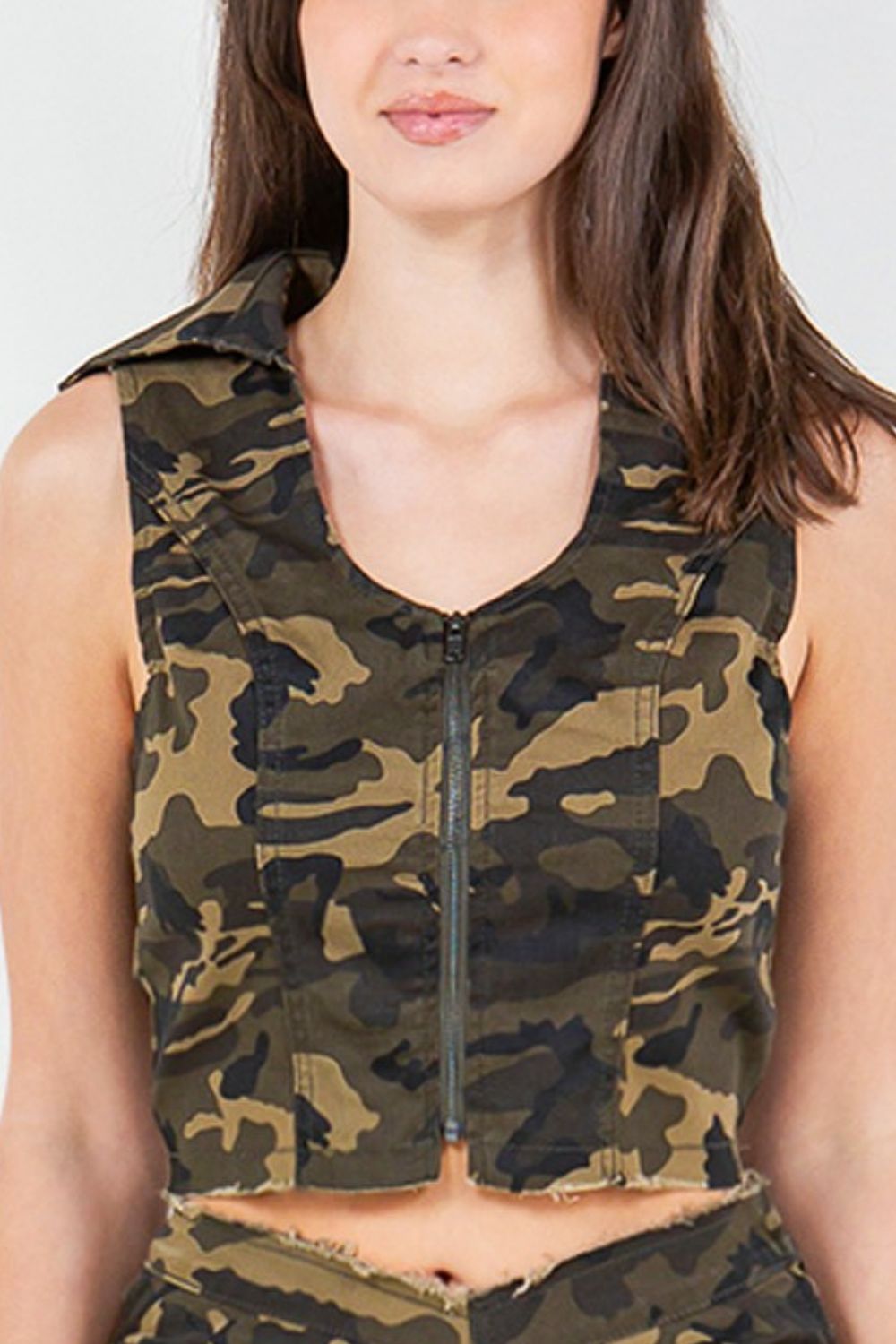 American Bazi Zip Up Camo Crop Denim Vest-TOPS / DRESSES-[Adult]-[Female]-2022 Online Blue Zone Planet