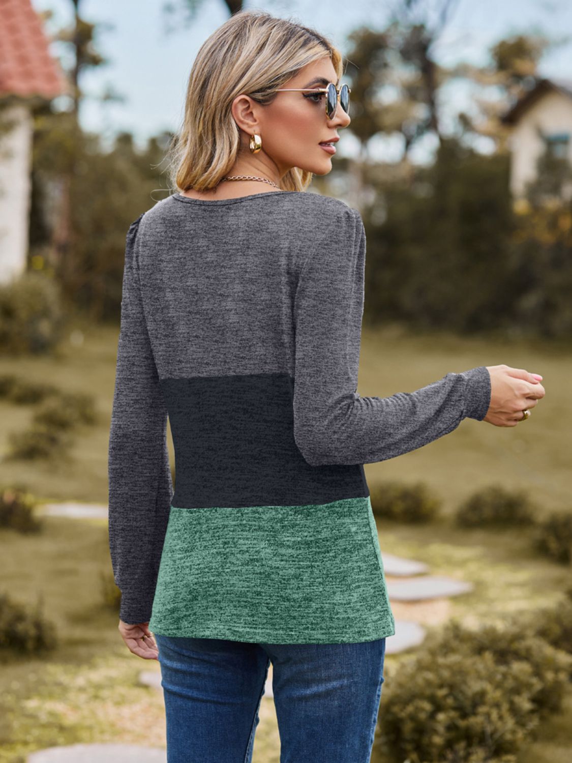 Color Block Square Neck Long Sleeve T-Shirt-TOPS / DRESSES-[Adult]-[Female]-2022 Online Blue Zone Planet