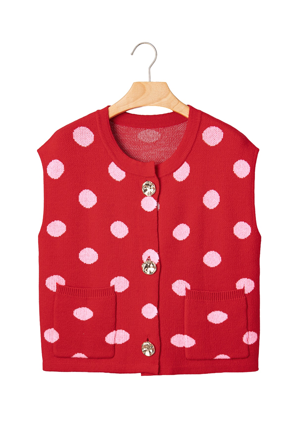Red Polka Dot Sleeveless Knit Button Drop Shoulder Sweater Vest-TOPS / DRESSES-[Adult]-[Female]-2022 Online Blue Zone Planet