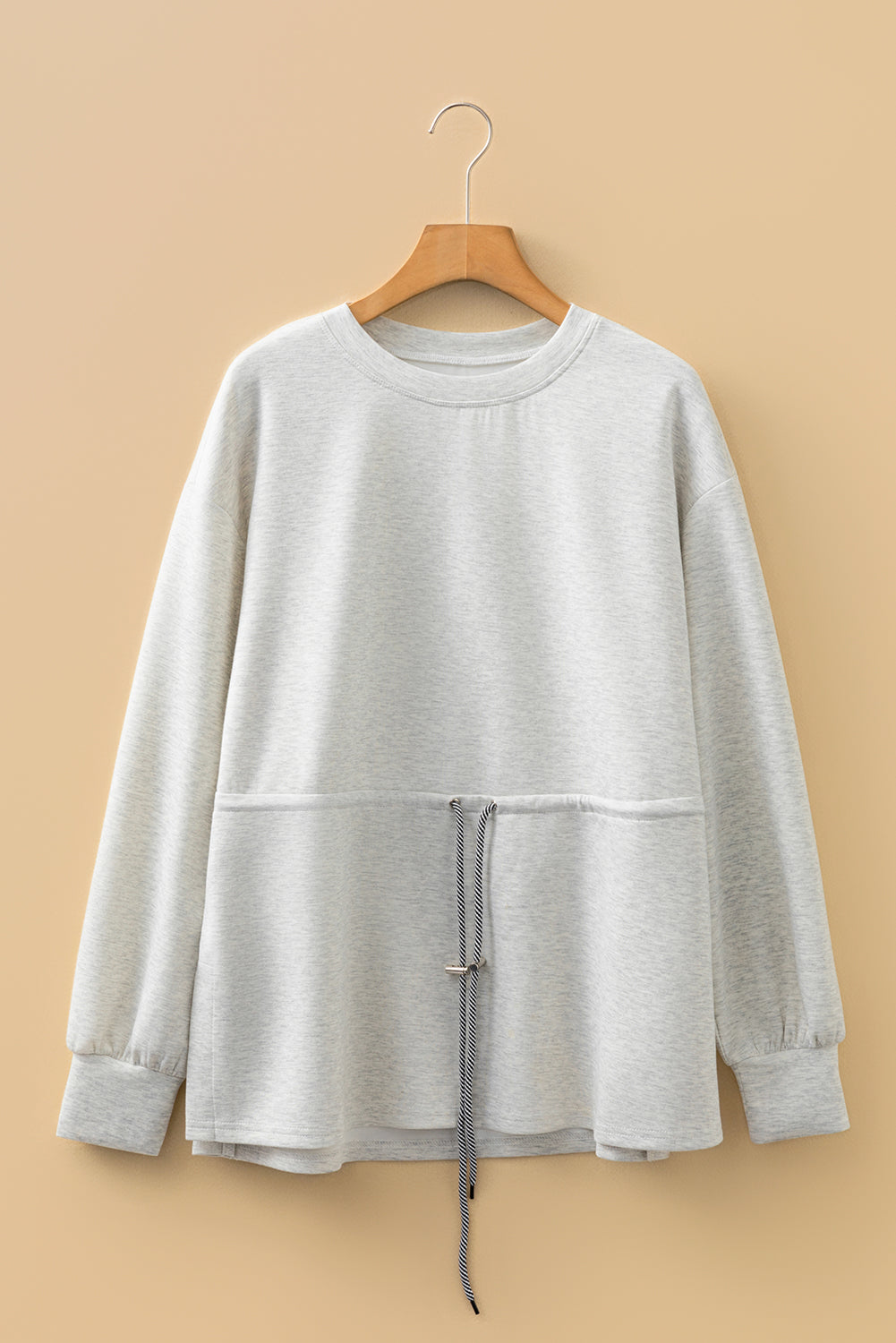 Light Grey Drawstring Waist Tunic Solid Sweatshirt-Tops/Sweatshirts & Hoodies-[Adult]-[Female]-2022 Online Blue Zone Planet
