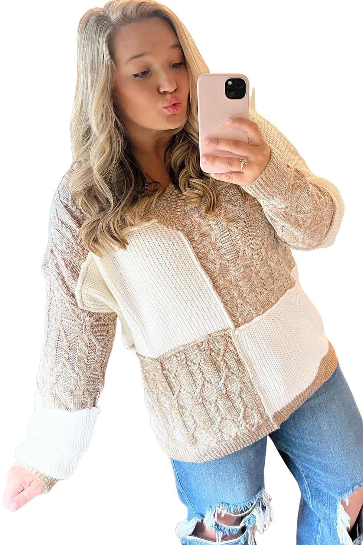 Parchment Colorblock V Neck Long Sleeve Tunic Loose Fit Plus Size Sweater-TOPS / DRESSES-[Adult]-[Female]-2022 Online Blue Zone Planet