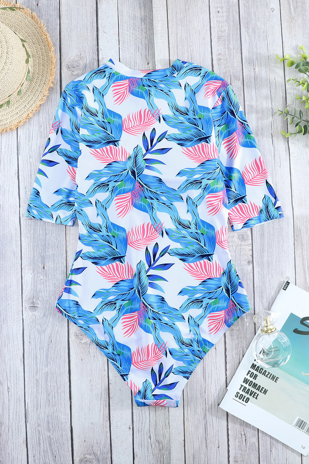 Blue Plant Print Zip Front Half Sleeve One Piece Swimsuit-One-Piece-[Adult]-[Female]-2022 Online Blue Zone Planet