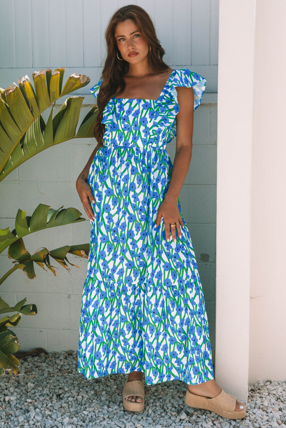 Blue Floral Print Square Neck Ruffled Strap Maxi Dress-TOPS / DRESSES-[Adult]-[Female]-2022 Online Blue Zone Planet