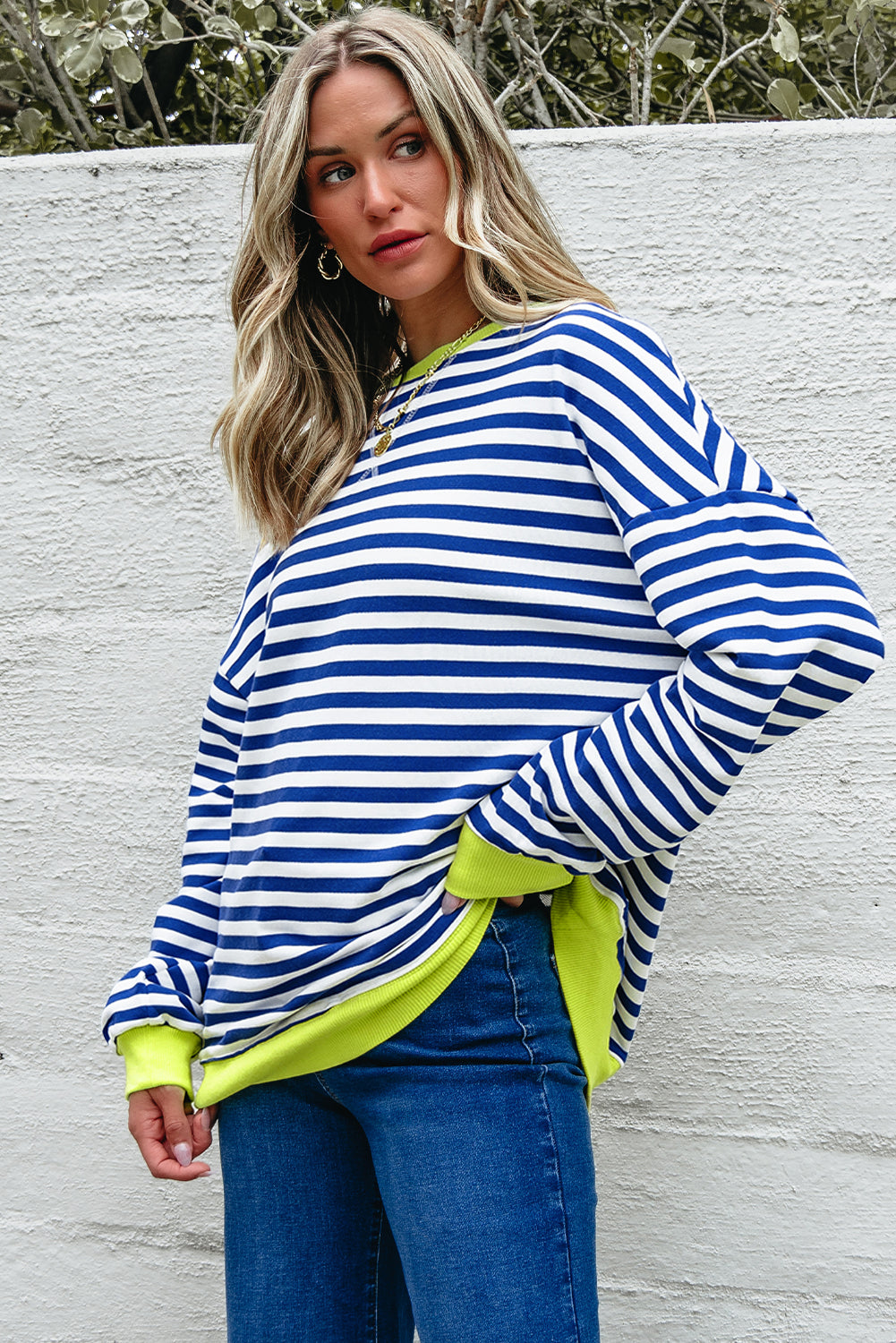 Sky Blue Stripe Striped Contrast Ribbed Trim Crossed Stitch Drop Shoulder Sweatshirt-Tops/Sweatshirts & Hoodies-[Adult]-[Female]-2022 Online Blue Zone Planet