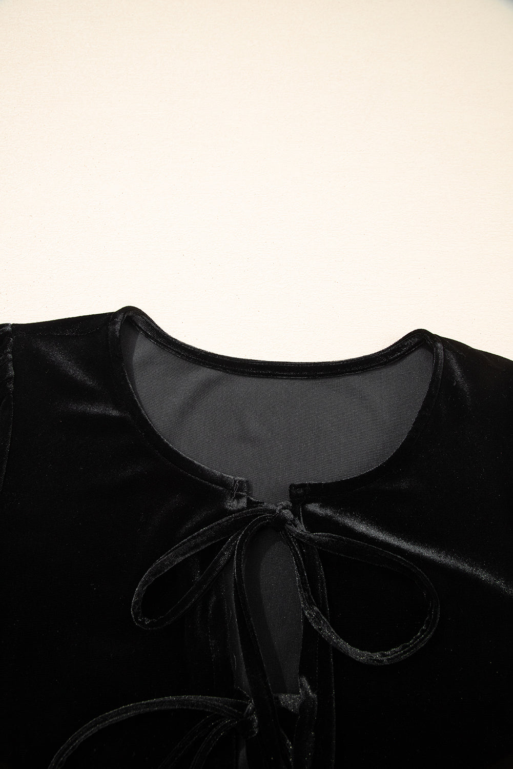 Black Front Tie Velvet Bubble Sleeve Mini Dress-TOPS / DRESSES-[Adult]-[Female]-2022 Online Blue Zone Planet