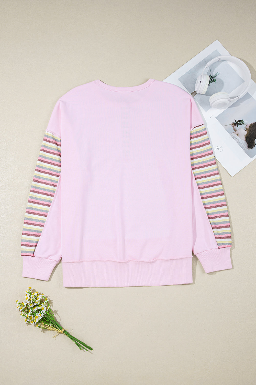 Pink Exposed Seam Color Block Striped Patchwork Loose Henley Sweatshirt-Tops/Sweatshirts & Hoodies-[Adult]-[Female]-2022 Online Blue Zone Planet