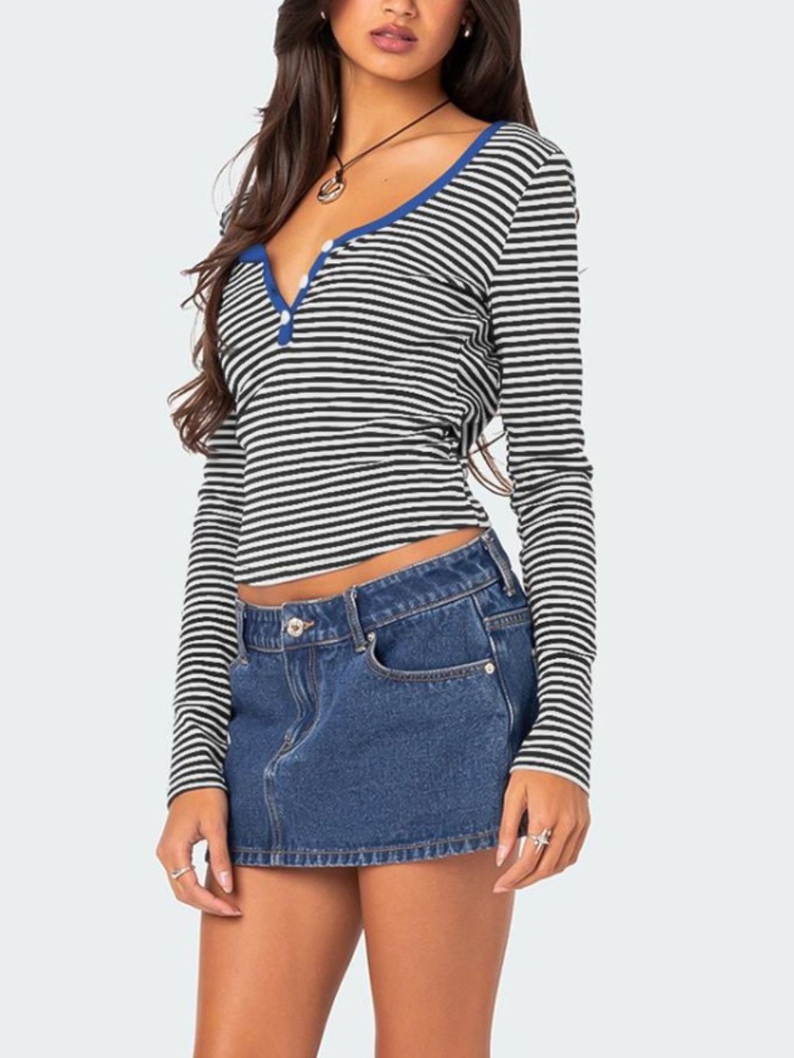 Buttoned Striped Long Sleeve T-Shirt-TOPS / DRESSES-[Adult]-[Female]-2022 Online Blue Zone Planet