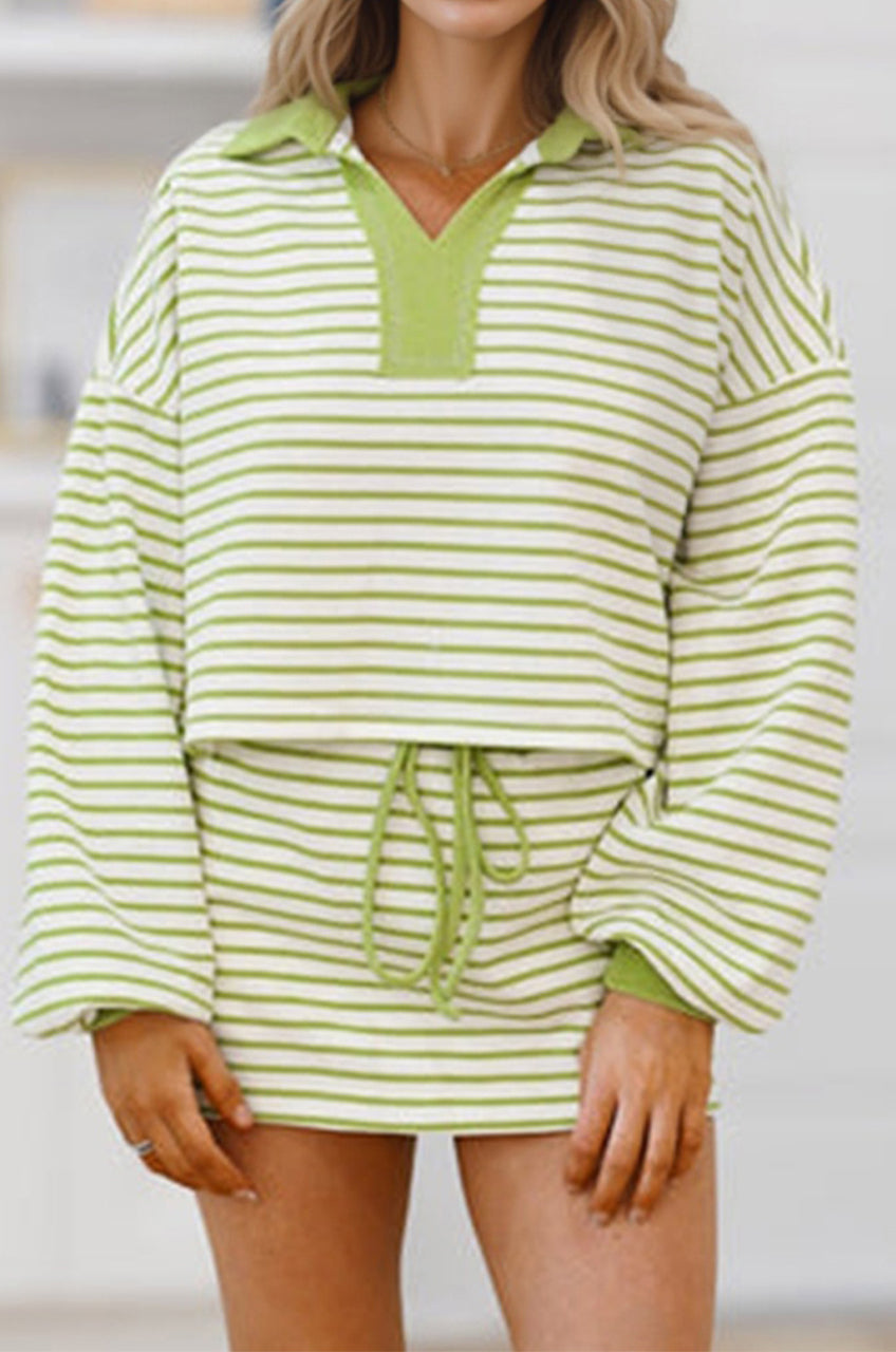 Green Stripe Collared V Neck Drop Shoulder Pullover and Skort 2pcs Outfit-Two Piece Sets/Two Piece Dresses-[Adult]-[Female]-2022 Online Blue Zone Planet