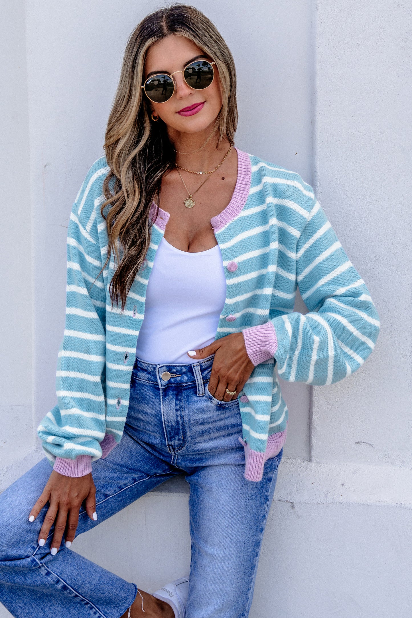Sky Blue Stripe Contrast Trim Button Down Casual Sweater Cardigan-TOPS / DRESSES-[Adult]-[Female]-2022 Online Blue Zone Planet