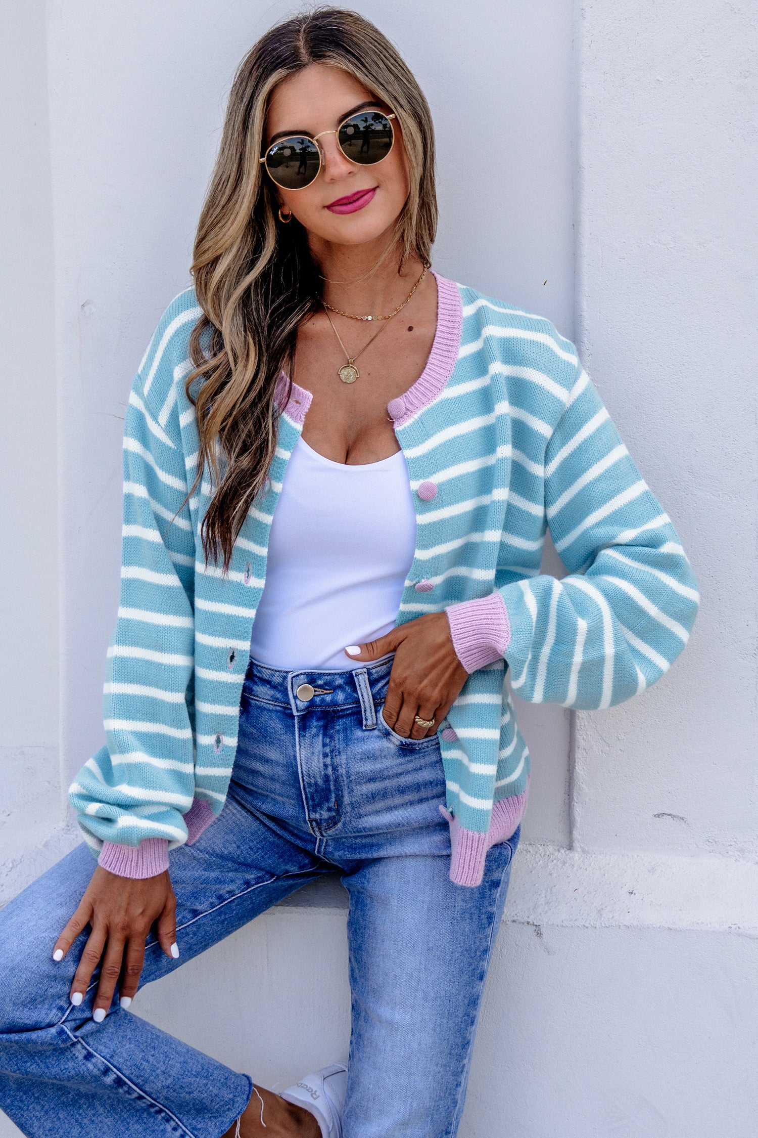 Sky Blue Stripe Contrast Trim Button Down Casual Sweater Cardigan-TOPS / DRESSES-[Adult]-[Female]-2022 Online Blue Zone Planet